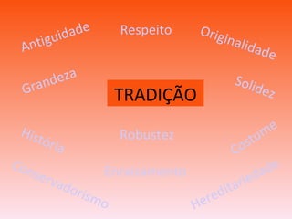 Antiguidade Costume Hereditariedade História Solidez Conservadorismo Grandeza Originalidade   Respeito   Robustez   Enraizamento TRADIÇÃO 