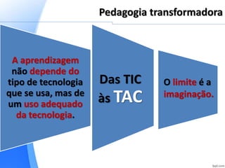 A aprendizagem
não depende do
tipo de tecnologia
que se usa, mas de
um uso adequado
da tecnologia.
Pedagogia transformadora
Das TIC
às TAC
O limite é a
imaginação.
 
