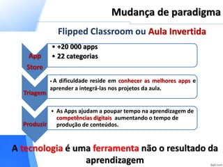 A tecnologia é uma ferramenta não o resultado da
aprendizagem
.
Mudança de paradigma
App
Store
• +20 000 apps
• 22 categorias
Triagem
• A dificuldade reside em conhecer as melhores apps e
aprender a integrá-las nos projetos da aula.
Produzir
• As Apps ajudam a poupar tempo na aprendizagem de
competências digitais aumentando o tempo de
produção de conteúdos.
Flipped Classroom ou Aula Invertida
 