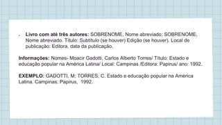 ● Livro com até três autores: SOBRENOME, Nome abreviado; SOBRENOME,
Nome abreviado. Título: Subtítulo (se houver) Edição (se houver). Local de
publicação: Editora, data da publicação.
Informações: Nomes- Moacir Gadotti, Carlos Alberto Torres/ Título: Estado e
educação popular na América Latina/ Local: Campinas /Editora: Papirus/ ano: 1992.
EXEMPLO: GADOTTI, M; TORRES, C. Estado e educação popular na América
Latina. Campinas: Papirus, 1992.
 