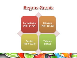 Formatação	
  
(NBR	
  14724)	
  
Citações	
  
(NBR	
  10520)	
  
	
  
Seções	
  	
  
(NBR	
  6024)	
  
	
  
Tabelas	
  
(IBGE)	
  
 