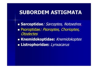 SUBORDEMSUBORDEM ASTIGMATAASTIGMATA
SarcoptidaeSarcoptidae:: SarcoptesSarcoptes,, NotoedresNotoedres,,
PsoroptidaePsoroptidae:: PsoroptesPsoroptes,, ChorioptesChorioptes,,
OtodectesOtodectesOtodectesOtodectes
KnemidokoptidaeKnemidokoptidae:: KnemidokoptesKnemidokoptes
ListrophoridaeListrophoridae:: LynxacarusLynxacarus
 