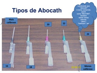 Tipos de Abocath
Lembrando que
“abocath”
é nome comercial,
assim
como “Bom Bril”.
Existem
várias outras
marcas:
“jelco”,
“introcan”, etc.
Mais
calibroso
Menos
calibroso
16 18
20 22
24
 