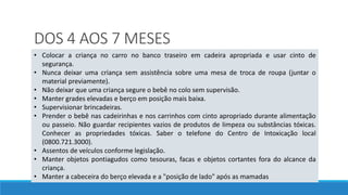 DOS 4 AOS 7 MESES
• Colocar a criança no carro no banco traseiro em cadeira apropriada e usar cinto de
segurança.
• Nunca deixar uma criança sem assistência sobre uma mesa de troca de roupa (juntar o
material previamente).
• Não deixar que uma criança segure o bebê no colo sem supervisão.
• Manter grades elevadas e berço em posição mais baixa.
• Supervisionar brincadeiras.
• Prender o bebê nas cadeirinhas e nos carrinhos com cinto apropriado durante alimentação
ou passeio. Não guardar recipientes vazios de produtos de limpeza ou substâncias tóxicas.
Conhecer as propriedades tóxicas. Saber o telefone do Centro de Intoxicação local
(0800.721.3000).
• Assentos de veículos conforme legislação.
• Manter objetos pontiagudos como tesouras, facas e objetos cortantes fora do alcance da
criança.
• Manter a cabeceira do berço elevada e a "posição de lado" após as mamadas
 