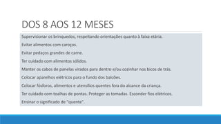 DOS 8 AOS 12 MESES
Supervisionar os brinquedos, respeitando orientações quanto à faixa etária.
Evitar alimentos com caroços.
Evitar pedaços grandes de carne.
Ter cuidado com alimentos sólidos.
Manter os cabos de panelas virados para dentro e/ou cozinhar nos bicos de trás.
Colocar aparelhos elétricos para o fundo dos balcões.
Colocar fósforos, alimentos e utensílios quentes fora do alcance da criança.
Ter cuidado com toalhas de pontas. Proteger as tomadas. Esconder fios elétricos.
Ensinar o significado de "quente".
 