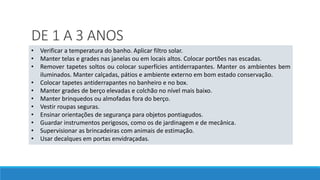 DE 1 A 3 ANOS
• Verificar a temperatura do banho. Aplicar filtro solar.
• Manter telas e grades nas janelas ou em locais altos. Colocar portões nas escadas.
• Remover tapetes soltos ou colocar superfícies antiderrapantes. Manter os ambientes bem
iluminados. Manter calçadas, pátios e ambiente externo em bom estado conservação.
• Colocar tapetes antiderrapantes no banheiro e no box.
• Manter grades de berço elevadas e colchão no nível mais baixo.
• Manter brinquedos ou almofadas fora do berço.
• Vestir roupas seguras.
• Ensinar orientações de segurança para objetos pontiagudos.
• Guardar instrumentos perigosos, como os de jardinagem e de mecânica.
• Supervisionar as brincadeiras com animais de estimação.
• Usar decalques em portas envidraçadas.
 