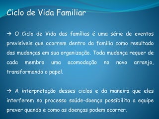 Ciclo de Vida Familiar
 O Ciclo de Vida das famílias é uma série de eventos
previsíveis que ocorrem dentro da família como resultado
das mudanças em sua organização. Toda mudança requer de
cada membro uma acomodação no novo arranjo,
transformando o papel.
 A interpretação desses ciclos e da maneira que eles
interferem no processo saúde-doença possibilita a equipe
prever quando e como as doenças podem ocorrer.
 