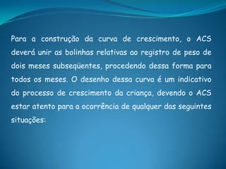 Para a construção da curva de crescimento, o ACS
deverá unir as bolinhas relativas ao registro de peso de
dois meses subseqüentes, procedendo dessa forma para
todos os meses. O desenho dessa curva é um indicativo
do processo de crescimento da criança, devendo o ACS
estar atento para a ocorrência de qualquer das seguintes
situações:
 