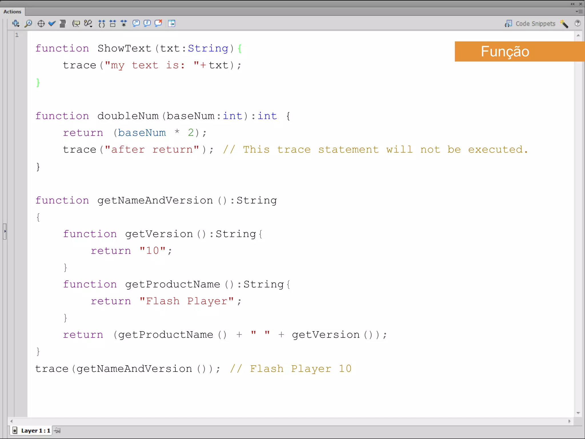 function ShowText(txt:String){                                   Função
    trace("my text is: "+ txt);
}​

function doubleNum(baseNum:int):int {
    return (baseNum * 2);
    trace("after return" ); // This trace statement will not be executed.
}​

function getNameAndVersion ():String
{
    function getVersion ():String{
        return "10";
    }
    function getProductName ():String{
        return "Flash Player" ;
    }
    return (getProductName () + " " + getVersion ());
}
trace(getNameAndVersion ()); // Flash Player 10 ​
 