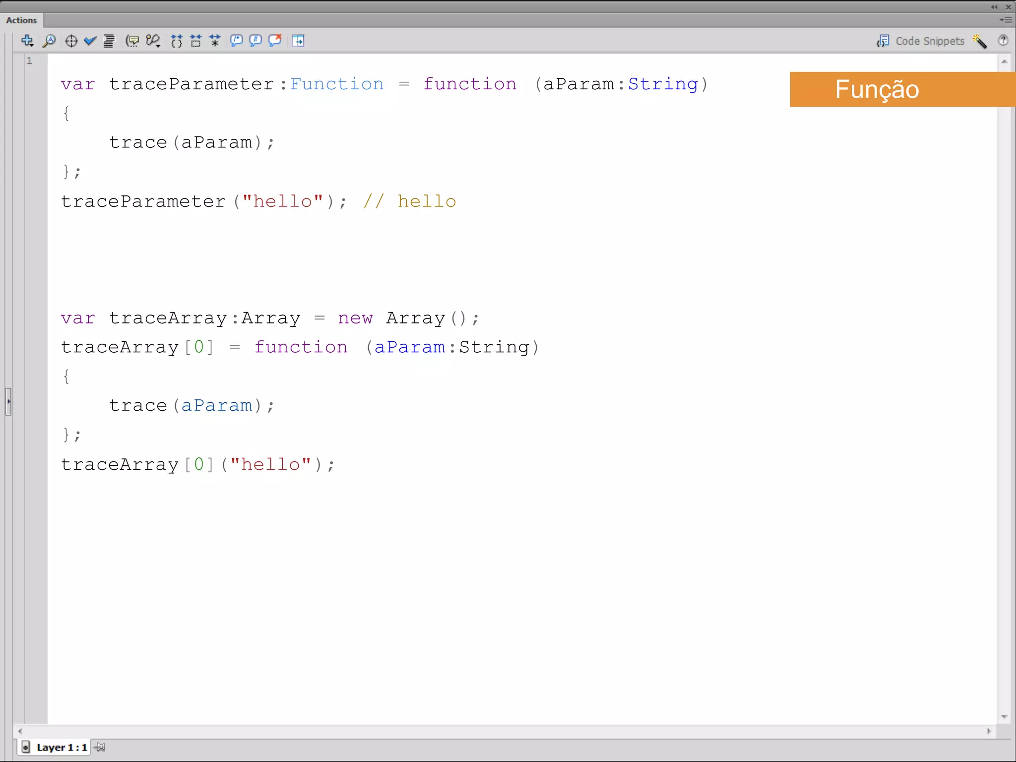 var traceParameter :Function = function (aParam:String)   Função
{
    trace(aParam);
};
traceParameter ("hello"); // hello​​




var traceArray :Array = new Array();
traceArray [0] = function (aParam:String)
{
    trace(aParam);
};
traceArray [0]("hello");​
 