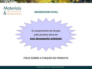 ABORDAGEM ATUAL




     O cumprimento da função
       pelo produto deve ter
    bom desempenho ambiental.




FOCO SOBRE A FUNÇÃO DO PRODUTO


         Pós-graduação em Ciência e Engenharia de Materiais
 