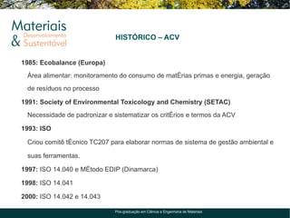 HISTÓRICO – ACV


1985: Ecobalance (Europa)
 Área alimentar: monitoramento do consumo de matérias primas e energia, geração
 de resíduos no processo

1991: Society of Environmental Toxicology and Chemistry (SETAC)
 Necessidade de padronizar e sistematizar os critérios e termos da ACV

1993: ISO

 Criou comitê técnico TC207 para elaborar normas de sistema de gestão ambiental e

 suas ferramentas.

1997: ISO 14.040 e Método EDIP (Dinamarca)

1998: ISO 14.041

2000: ISO 14.042 e 14.043

                              Pós-graduação em Ciência e Engenharia de Materiais
 