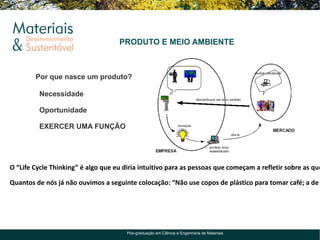 PRODUTO E MEIO AMBIENTE



        Por que nasce um produto?

         Necessidade

         Oportunidade

         EXERCER UMA FUNÇÃO




O “Life Cycle Thinking” é algo que eu diria intuitivo para as pessoas que começam a refletir sobre as que

Quantos de nós já não ouvimos a seguinte colocação: “Não use copos de plástico para tomar café; a de




                                       Pós-graduação em Ciência e Engenharia de Materiais
 