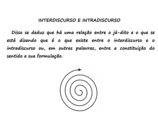 INTERDISCURSO E INTRADISCURSO
Disso se deduz que há uma relação entre o já-dito e o que se
está dizendo que é o que existe entre o interdiscurso e o
intradiscurso ou, em outras palavras, entre a constituição do
sentido e sua formulação.
 