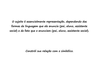 O sujeito é essencialmente representação, dependendo das
formas de linguagem que ele enuncia (pai, aluno, assistente
social) e de fato que o enunciam (pai, aluno, assistente social).
Constrói sua relação com o simbólico.
 