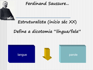 Ferdinand Saussure...
langue parole
Estruturalista (início séc XX)
Define a dicotomia “língua/fala”
 