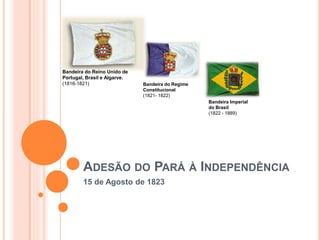 Bandeira do Reino Unido de 
Portugal, Brasil e Algarve. 
(1816-1821) Bandeira do Regime 
Constitucional 
(1821- 1822) 
Bandeira Imperial 
do Brasil 
(1822 - 1889) 
ADESÃO DO PARÁ À INDEPENDÊNCIA 
15 de Agosto de 1823 
 