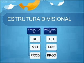 ESTRUTURA DIVISIONAL
PRODUTO
A
RH
MKT
PROD
PRODUTO
B
RH
MKT
PROD
LUCILENE K R BANDEIRA
 