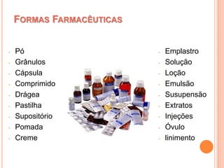 - Pó
- Grânulos
- Cápsula
- Comprimido
- Drágea
- Pastilha
- Supositório
- Pomada
- Creme
FORMAS FARMACÊUTICAS
- Emplastro
- Solução
- Loção
- Emulsão
- Susupensão
- Extratos
- Injeções
- Óvulo
- linimento
 