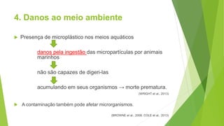 4. Danos ao meio ambiente
 Presença de microplástico nos meios aquáticos
danos pela ingestão das micropartículas por animais
marinhos
não são capazes de digeri-las
acumulando em seus organismos → morte prematura.
(WRIGHT et al., 2013)
 A contaminação também pode afetar microrganismos.
(BROWNE et al., 2008; COLE et al., 2013)
 