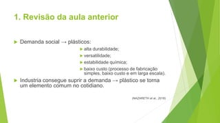 1. Revisão da aula anterior
 Demanda social → plásticos:
 alta durabilidade;
 versatilidade;
 estabilidade química;
 baixo custo (processo de fabricação
simples, baixo custo e em larga escala).
 Industria consegue suprir a demanda → plástico se torna
um elemento comum no cotidiano.
(NAZARETH et al., 2018)
 
