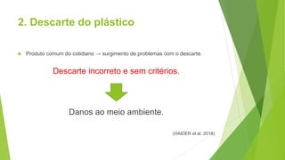 2. Descarte do plástico
 Produto comum do cotidiano → surgimento de problemas com o descarte.
Descarte incorreto e sem critérios.
Danos ao meio ambiente.
(HAIDER et al, 2018)
 