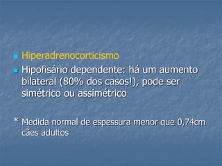  Hiperadrenocorticismo
 Hipofisário dependente: há um aumento
bilateral (80% dos casos!), pode ser
simétrico ou assimétrico
* Medida normal de espessura menor que 0,74cm
cães adultos
 