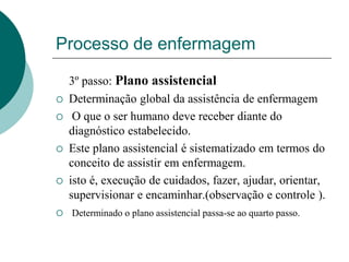 Processo de enfermagem
3º passo: Plano assistencial
 Determinação global da assistência de enfermagem
 O que o ser humano deve receber diante do
diagnóstico estabelecido.
 Este plano assistencial é sistematizado em termos do
conceito de assistir em enfermagem.
 isto é, execução de cuidados, fazer, ajudar, orientar,
supervisionar e encaminhar.(observação e controle ).
 Determinado o plano assistencial passa-se ao quarto passo.
 