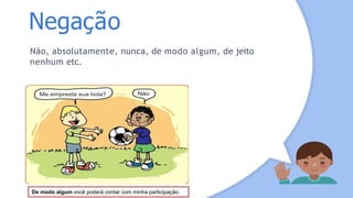 Negação
Não, absolutamente, nunca, de modo algum, de jeito
nenhum etc.
De modo algum você poderá contar com minha participação.
 