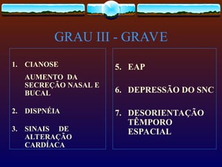 GRAU III - GRAVE
1. CIANOSE
AUMENTO DA
SECREÇÃO NASAL E
BUCAL
2. DISPNÉIA
3. SINAIS DE
ALTERAÇÃO
CARDÍACA
5. EAP
6. DEPRESSÃO DO SNC
7. DESORIENTAÇÃO
TÊMPORO
ESPACIAL
 