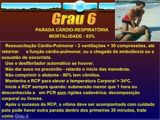 Ressuscitação Cárdio-Pulmonar - 2 ventilações + 30 compressões, até
retornar a função cárdio-pulmonar, ou a chegada da ambulância ou a
exaustão do socorrista.
Use o desfibrilador automático se houver.
Não dar soco no precórdio - retarda o início das manobras.
Não comprimir o abdome - 86% tem vômitos.
Mantenha a RCP para elevar a temperatura Corporal > 340
C.
Inicie a RCP sempre quando: submersão menor que 1 hora ou
desconhecido e em PCR sem rigidez cadavérica; decomposição
corporal ou livores.
Após o sucesso da RCP, a vítima deve ser acompanhada com cuidado
pois pode haver outra parada dentro dos primeiros 30 minutos, trate
como Grau 4.
PARADA CÁRDIO-RESPIRATÓRIA
MORTALIDADE - 93%
 