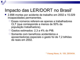 Impacto das LER/DORT no Brasil*
   2.898 mortes por acidente de trabalho em 2002 e 15.029
    incapacidades permanentes.
      Esses números referem-se apenas a trabalhadores
       CLT (que corresponde a menos de 50% da
       população trabalhadora).
      Gastos estimados: 2,3 a 4% do PIB.
      Somente com benefícios acidentários e
       aposentadorias especiais o gasto foi de 7,2 bilhões
       de reais em 2002.




                                  * Viaseg News, N. 159, 28/04/04.
 