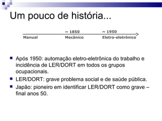 Um pouco de história...
                       ~ 1850        ~ 1950
      Manual           Mecânico      Eletro-eletrônico




   Após 1950: automação eletro-eletrônica do trabalho e
    incidência de LER/DORT em todos os grupos
    ocupacionais.
   LER/DORT: grave problema social e de saúde pública.
   Japão: pioneiro em identificar LER/DORT como grave –
    final anos 50.
 