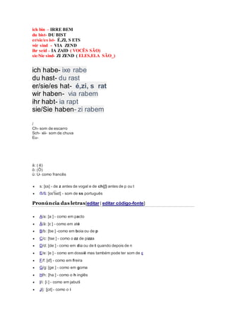 ich bin – IRRE BEM
du bist- DU BIST
er/sie/es ist- É,ZI, S ETS
wir sind - VIA ZEND
ihr seid – IA ZAID ( VOCÊS SÃO)
sie/Sie sind- ZI ZEND ( ELES,ELA SÃO_)
ich habe- ixe rabe
du hast- du rast
er/sie/es hat- é,zi, s rat
wir haben- via rabem
ihr habt- ia rapt
sie/Sie haben- zi rabem
/
Ch- som de escarro
Sch- xiii- som de chuva
Eu-
ä: ( ê)
ö: (Ô)
ü: U- como francês
 s: [ɛs] - de z antes de vogal e de ch(ʃ) antes de p ou t
 ẞ/ß: [ɛs't͡ sɛt] - som de ss português
Pronúncia das letras[editar | editar código-fonte]
 A/a: [aː] - como em pacto
 Ä/ä: [ɛː] - como em até
 B/b: [beː] -como em boia ou de p
 C/c: [tseː] - como o zz de pizza
 D/d: [deː] - como em dia ou de t quando depois de n
 E/e: [eː] - como em dossiê mas também pode ter som de ɛ
 F/f: [ɛf] - como em freira
 G/g: [geː] - como em goma
 H/h: [haː] - como o h inglês
 I/i: [iː] - como em jabuti
 J/j: [jɔt] - como o i
 