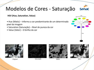 HSV (Hue, Saturation, Value)
• Hue (Matiz) – Informa a cor predominante de um determinado
pixel da imagem
• Saturation (Saturação) – Nível de pureza da cor
• Value (Valor) – O brilho da cor
Original Saturação Matiz Valor
Modelos de Cores - Saturação
 