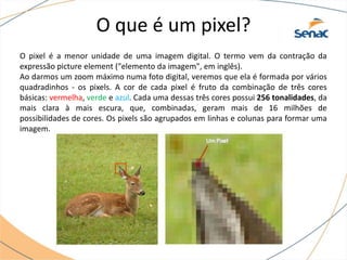 O pixel é a menor unidade de uma imagem digital. O termo vem da contração da
expressão picture element ("elemento da imagem", em inglês).
Ao darmos um zoom máximo numa foto digital, veremos que ela é formada por vários
quadradinhos - os pixels. A cor de cada pixel é fruto da combinação de três cores
básicas: vermelha, verde e azul. Cada uma dessas três cores possui 256 tonalidades, da
mais clara à mais escura, que, combinadas, geram mais de 16 milhões de
possibilidades de cores. Os pixels são agrupados em linhas e colunas para formar uma
imagem.
O que é um pixel?
 