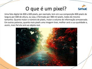 O que é um pixel?
Uma foto digital de 800 x 600 pixels, por exemplo, tem em sua composição 800 pixels de
largura por 600 de altura, ou seja, é formada por 480 mil pixels, todos do mesmo
tamanho. Quanto maior o número de pixels, maior o volume de informação armazenada.
Em outras palavras, quanto mais pixels uma imagem tiver, melhor será a sua qualidade e,
assim, mais fiel ela será ao objeto real.
 
