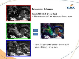 Componentes de Imagem
Canais RGB (Red, Green, Blue)
• São canais que indicam a presença dessas cores
• Valor 255 para todos canais = branco puro;
• Valor é 0 (zero) = preto puro.
 