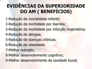 EVIDÊNCIAS DA SUPERIORIDADE
     DO AM ( BENEFÍCIOS)
1-Redução da mortalidade infantil;
2-Redução da morbidade por diarréia;
3-Redução da morbidade por infecção respiratória;
4-Redução de alergias;
5-Redução de doenças crônicas;
6-Redução da obesidade;
7-Melhor nutrição;
8-Melhor desenvolvimento cognitivo;
9-Melhor desenvolvimento da cavidade bucal;
 