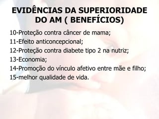 EVIDÊNCIAS DA SUPERIORIDADE
     DO AM ( BENEFÍCIOS)
10-Proteção contra câncer de mama;
11-Efeito anticoncepcional;
12-Proteção contra diabete tipo 2 na nutriz;
13-Economia;
14-Promoção do vínculo afetivo entre mãe e filho;
15-melhor qualidade de vida.
 