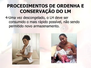 PROCEDIMENTOS DE ORDENHA E
    CONSERVAÇÃO DO LM
4-Uma vez descongelado, o LH deve ser
  consumido o mais rápido possível, não sendo
  permitido novo armazenamento.
 