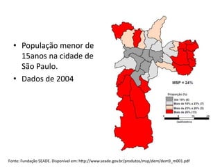 • População menor de
    15anos na cidade de
    São Paulo.
  • Dados de 2004




Fonte: Fundação SEADE. Disponível em: http://www.seade.gov.br/produtos/msp/dem/dem9_m001.pdf
 