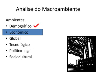 Análise do Macroambiente
Ambientes:
• Demográfico
• Econômico
• Global
• Tecnológico
• Político-legal
• Sociocultural
 
