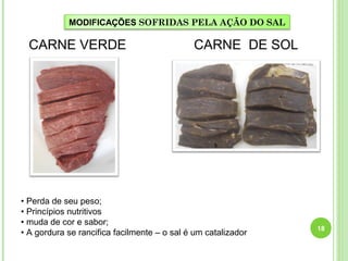 MODIFICAÇÕES SOFRIDAS PELA AÇÃO DO SAL 
CARNE VERDE CARNE DE SOL 
18 
• Perda de seu peso; 
• Princípios nutritivos 
• muda de cor e sabor; 
• A gordura se rancifica facilmente – o sal é um catalizador 
 