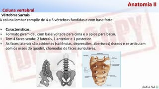 Giselle de PaulaGiselle de Paula
Anatomia II
Vértebras Sacrais
Coluna vertebral
A coluna lombar compõe de 4 a 5 vértebras fundidas e com base forte.
Características:
Formato piramidal, com base voltada para cima e o ápice para baixo.
Tem 4 faces sendo: 2 laterais, 1 anterior e 1 posterior.
As faces laterais são acidentes (saliências, depressões, aberturas) ósseos e se articulam
com os ossos do quadril, chamadas de faces auriculares.
 