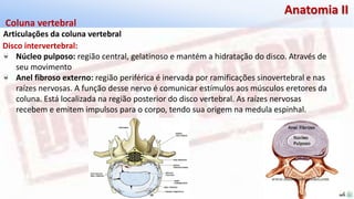 Giselle de PaulaGiselle de Paula
Anatomia II
Articulações da coluna vertebral
Coluna vertebral
Disco intervertebral:
Núcleo pulposo: região central, gelatinoso e mantém a hidratação do disco. Através de
seu movimento
Anel fibroso externo: região periférica é inervada por ramificações sinovertebral e nas
raízes nervosas. A função desse nervo é comunicar estímulos aos músculos eretores da
coluna. Está localizada na região posterior do disco vertebral. As raízes nervosas
recebem e emitem impulsos para o corpo, tendo sua origem na medula espinhal.
 