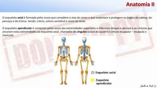 Giselle de PaulaGiselle de Paula
Anatomia II
O esqueleto axial é formado pelos ossos que compõem o eixo do corpo e que sustentam e protegem os órgãos da cabeça, do
pescoço e do tronco. Sendo: crânio, coluna vertebral e ossos do tórax.
O esqueleto apendicular é composto pelos ossos das extremidades superiores e inferiores (braços e pernas) e as cinturas que
ancoram estas extremidades ao esqueleto axial, chamados de cíngulos (ossos do quadril e cintura escapular – escápula e
clavícula)
 