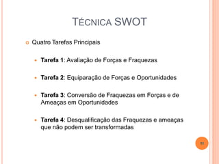 TÉCNICA SWOT
 Quatro Tarefas Principais
 Tarefa 1: Avaliação de Forças e Fraquezas
 Tarefa 2: Equiparação de Forças e Oportunidades
 Tarefa 3: Conversão de Fraquezas em Forças e de
Ameaças em Oportunidades
 Tarefa 4: Desqualificação das Fraquezas e ameaças
que não podem ser transformadas
11
 