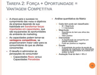 TAREFA 2: FORÇA + OPORTUNIDADE =
VANTAGEM COMPETITIVA
 A chave para o sucesso no
cumprimento das metas e objetivos
da empresa depende de sua
habilidade em transformar forças
importantes em capacidades, que
são equiparadas às oportunidades
do ambiente de marketing.
 As capacidades podem tornar-se
vantagens competitivas, se
proporcionarem maior valor para os
consumidores do que as ofertas
concorrentes
 O desafio é administrar as
percepções do consumidor
 Capacidades Reais versus
Capacidades Percebidas
 Análise quantitativa da Matriz
 Cada item pode ser classificado:
 M = Magnitude
 I = Intensidade
 Magnitude:
 Importância do item aos olhos dos
clientes
 Valor positivo
 Intensidade:
 A classificação da companhia em
relação àquele item
 Pode ser positiva ou negativa
 Escala:
 A quantidade de pontos da escala de
medição da magnitude e da intensidade
depende da capacidade do analista em
avaliar os itens
 Avaliação final do item = M x I
13
 