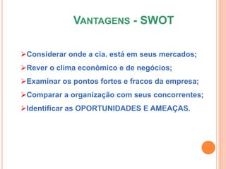 VANTAGENS - SWOT
Considerar onde a cia. está em seus mercados;
Rever o clima econômico e de negócios;
Examinar os pontos fortes e fracos da empresa;
Comparar a organização com seus concorrentes;
Identificar as OPORTUNIDADES E AMEAÇAS.
 